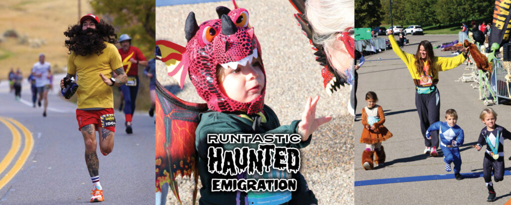 People running a race in halloween costumes at the Runtastic Emigration HAUNTED in Salt Lake City, Utah